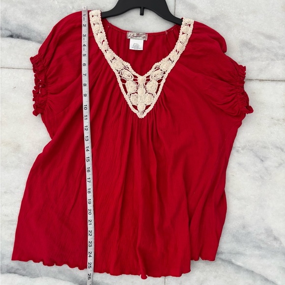 VTG LA Movers Top Red Crochet Short Sleeve Gauze Cotton Women M Boho Cottagecore - Picture 6 of 7